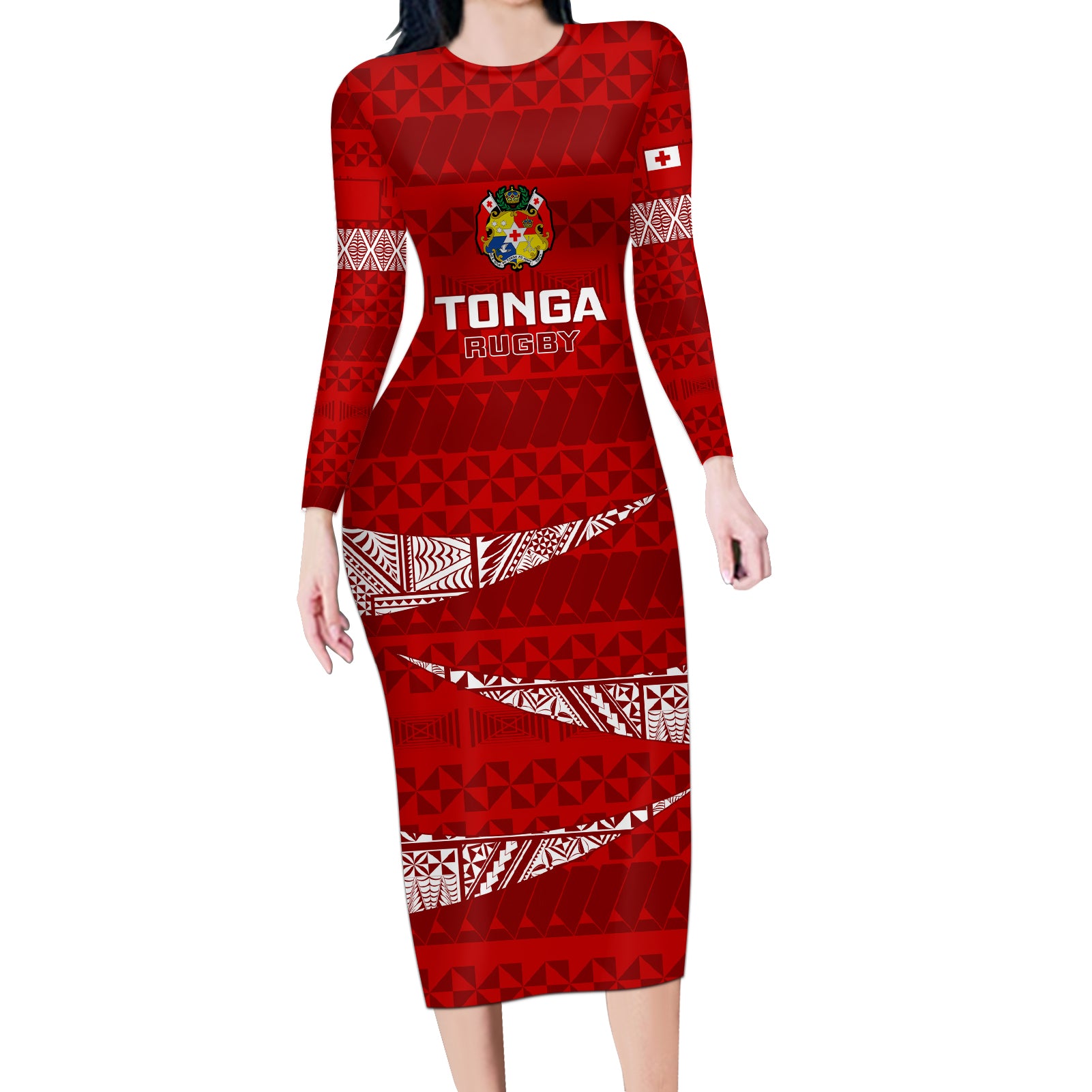 Custom Tonga Rugby Long Sleeve Bodycon Dress 2023 Ikale Tahi Tongan Ngatu Pattern LT14 Long Dress Red - Polynesian Pride