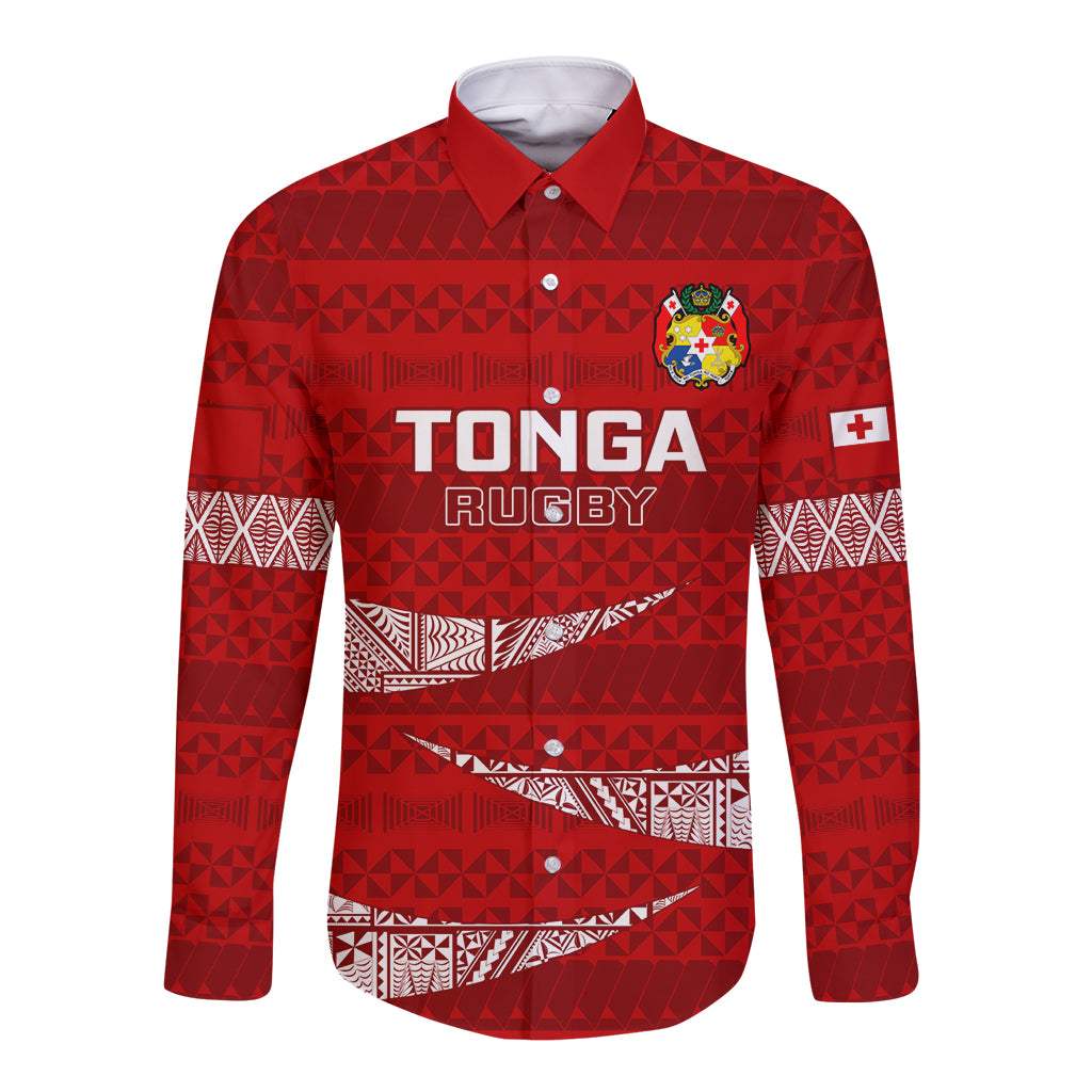 Custom Tonga Rugby Long Sleeve Button Shirt 2023 Ikale Tahi Tongan Ngatu Pattern LT14 Unisex Red - Polynesian Pride