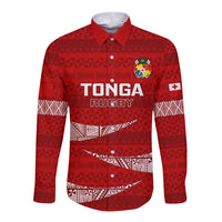 Custom Tonga Rugby Long Sleeve Button Shirt 2023 Ikale Tahi Tongan Ngatu Pattern LT14 Unisex Red - Polynesian Pride