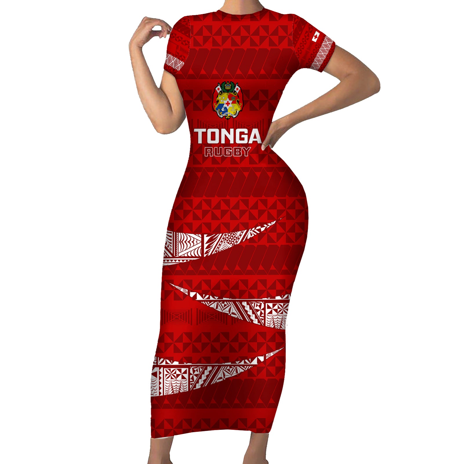 Custom Tonga Rugby Short Sleeve Bodycon Dress 2023 Ikale Tahi Tongan Ngatu Pattern LT14 Long Dress Red - Polynesian Pride