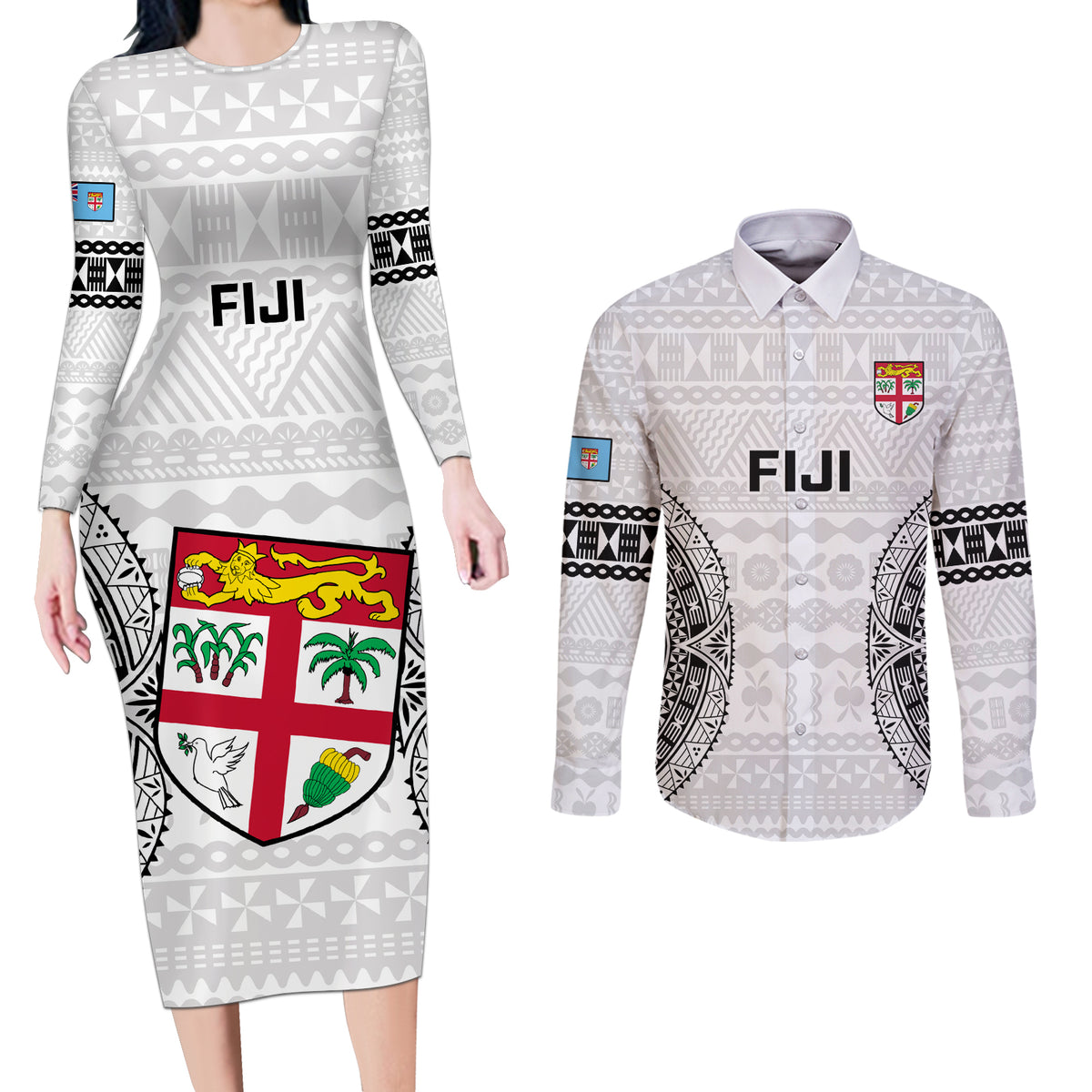 Fiji Rugby Couples Matching Long Sleeve Bodycon Dress and Long Sleeve Button Shirts 2023 Go Champions World Cup Fijian Tapa Pattern LT14 White - Polynesian Pride
