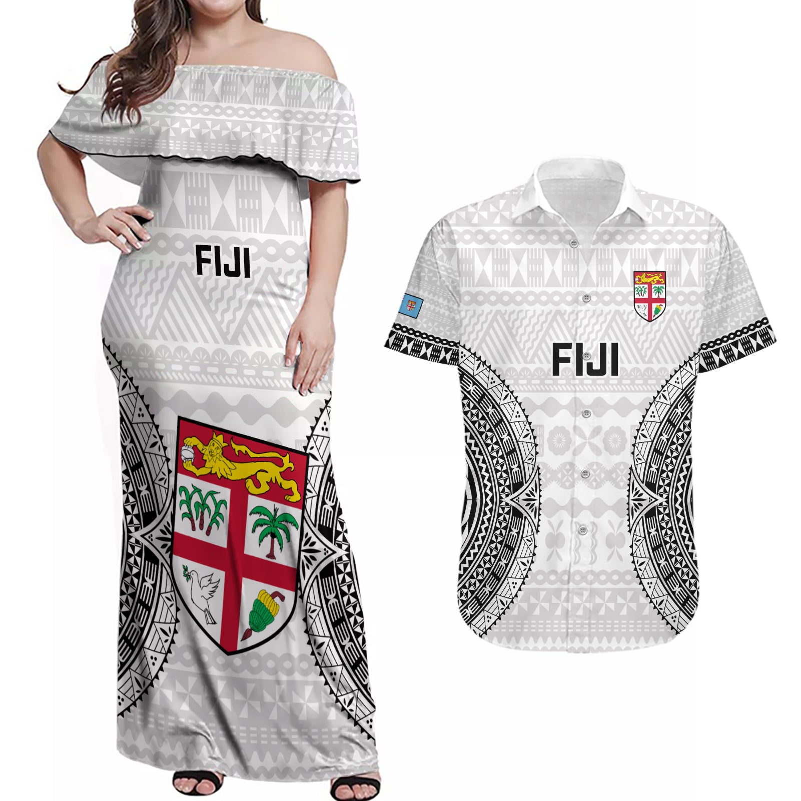 Fiji Rugby Couples Matching Off Shoulder Maxi Dress and Hawaiian Shirt 2023 Go Champions World Cup Fijian Tapa Pattern LT14 White - Polynesian Pride