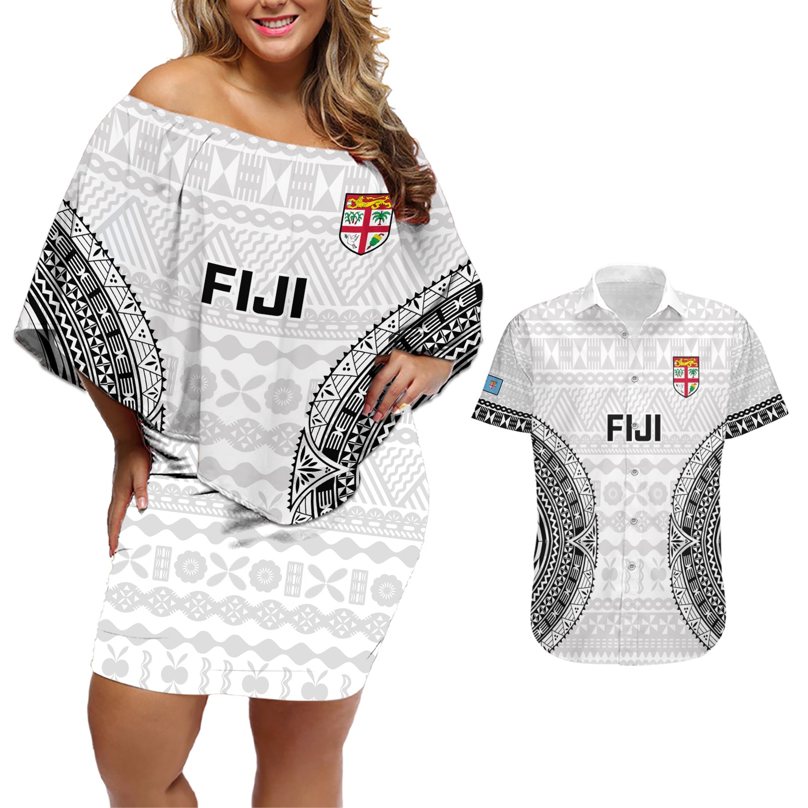 Fiji Rugby Couples Matching Off Shoulder Short Dress and Hawaiian Shirt 2023 Go Champions World Cup Fijian Tapa Pattern LT14 White - Polynesian Pride