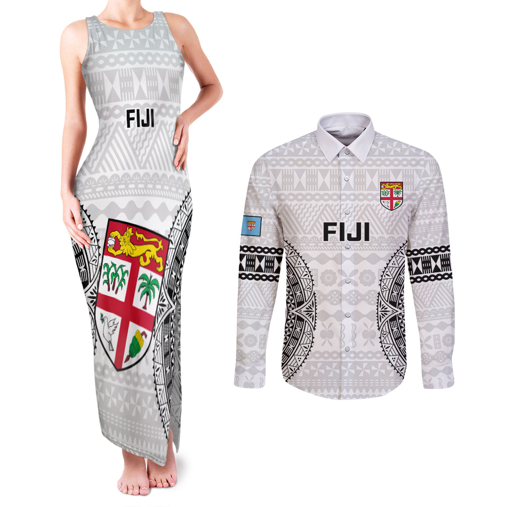 Fiji Rugby Couples Matching Tank Maxi Dress and Long Sleeve Button Shirts 2023 Go Champions World Cup Fijian Tapa Pattern LT14 White - Polynesian Pride