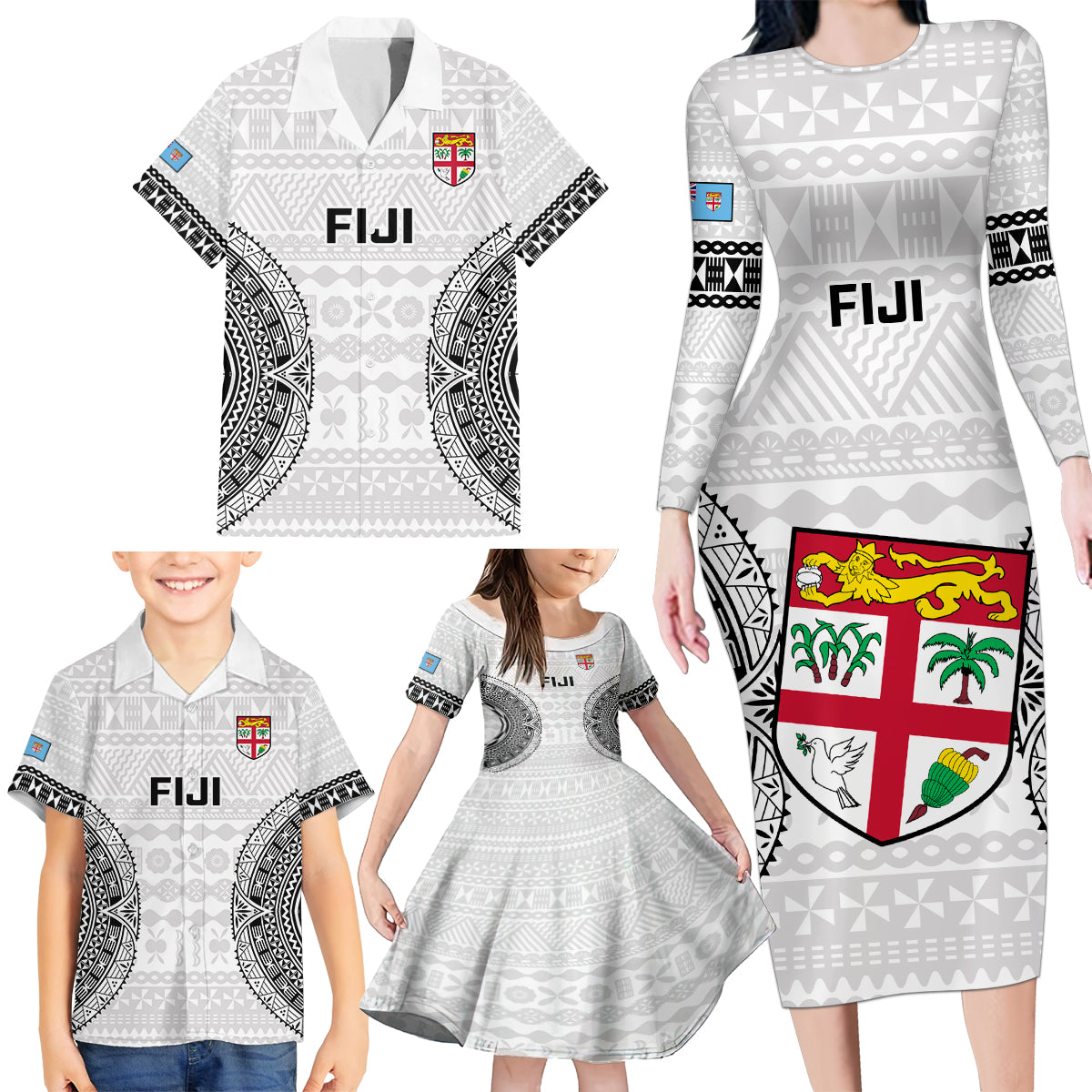 Fiji Rugby Family Matching Long Sleeve Bodycon Dress and Hawaiian Shirt 2023 Go Champions World Cup Fijian Tapa Pattern LT14 - Polynesian Pride