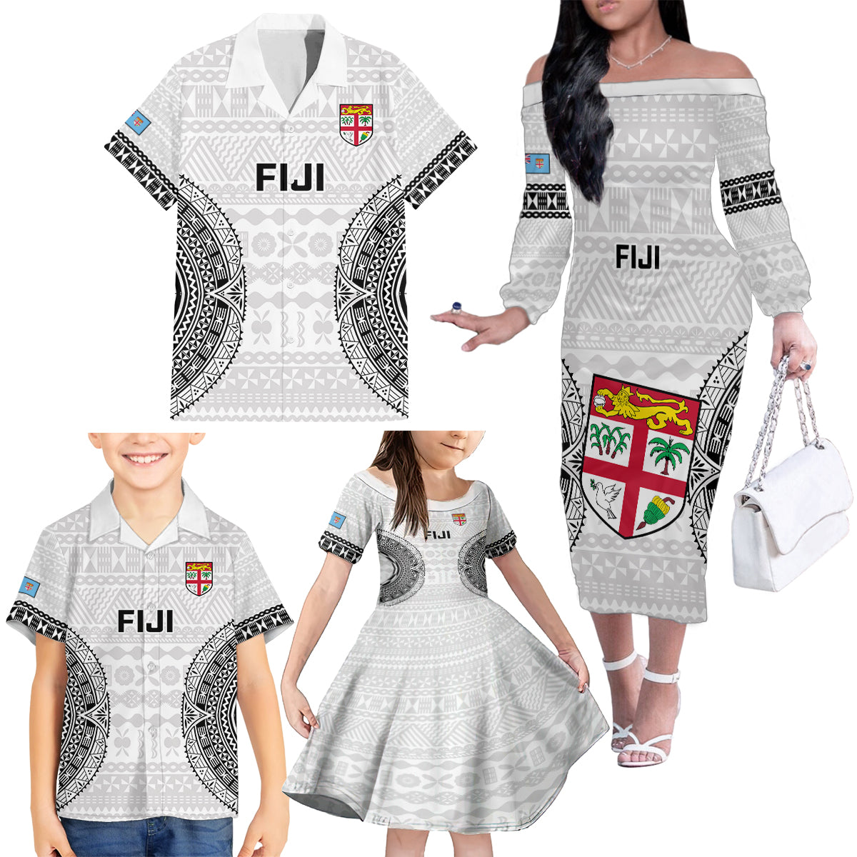 Fiji Rugby Family Matching Off Shoulder Long Sleeve Dress and Hawaiian Shirt 2023 Go Champions World Cup Fijian Tapa Pattern LT14 - Polynesian Pride