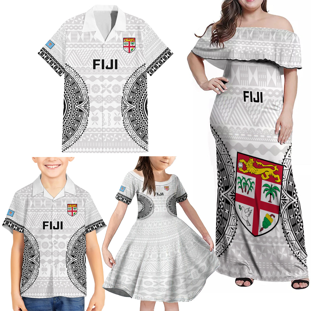 Fiji Rugby Family Matching Off Shoulder Maxi Dress and Hawaiian Shirt 2023 Go Champions World Cup Fijian Tapa Pattern LT14 - Polynesian Pride