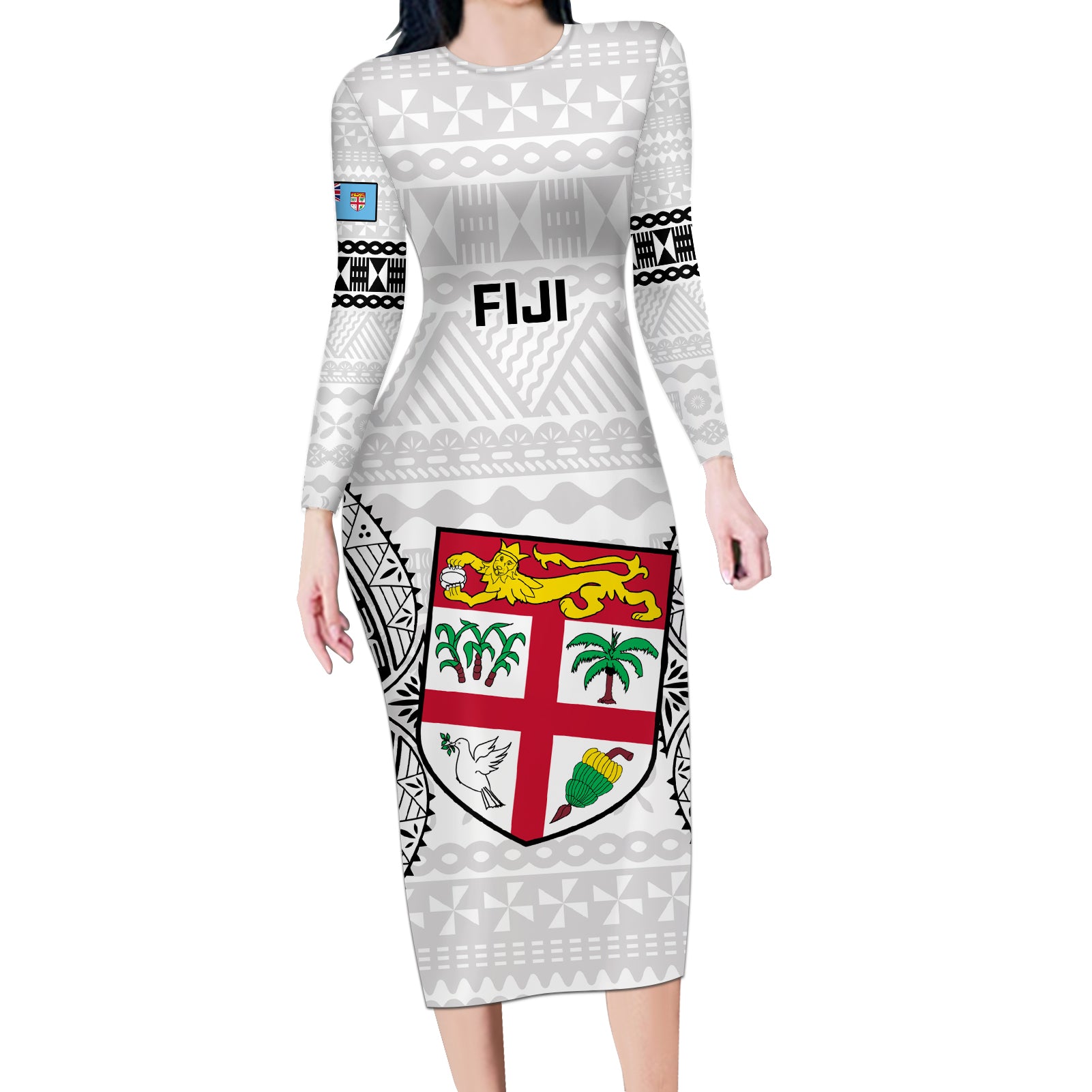 Fiji Rugby Long Sleeve Bodycon Dress 2023 Go Champions World Cup Fijian Tapa Pattern LT14 Long Dress White - Polynesian Pride