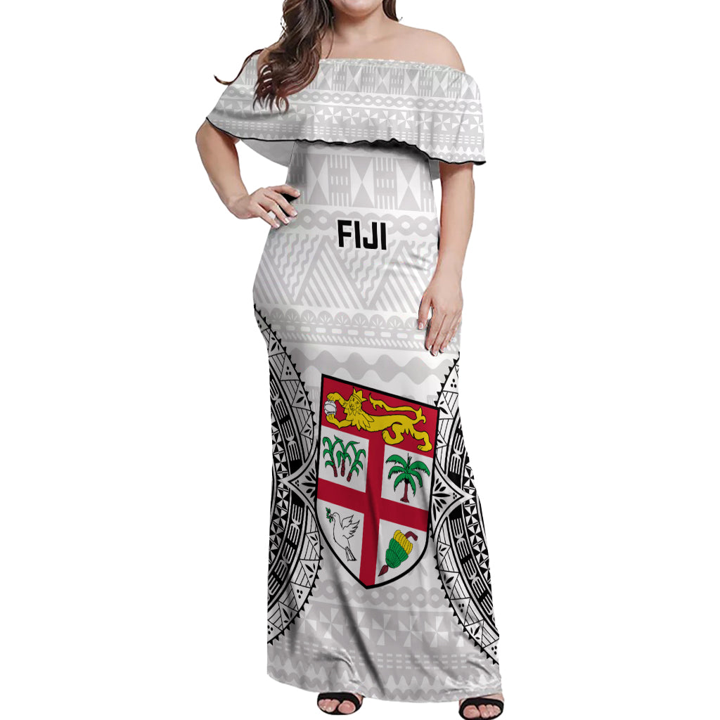 Fiji Rugby Off Shoulder Maxi Dress 2023 Go Champions World Cup Fijian Tapa Pattern LT14 Women White - Polynesian Pride