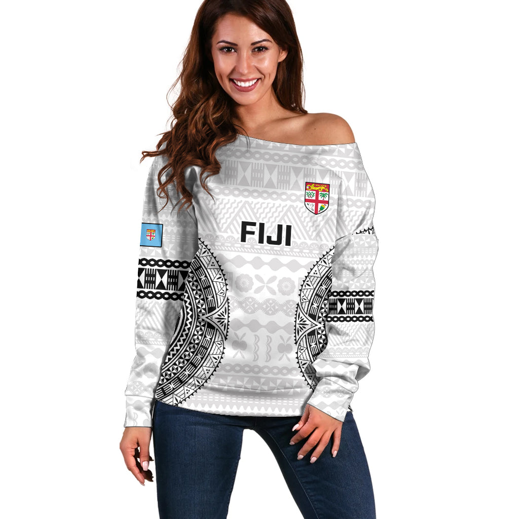 Fiji Rugby Off Shoulder Sweater 2023 Go Champions World Cup Fijian Tapa Pattern LT14 Women White - Polynesian Pride