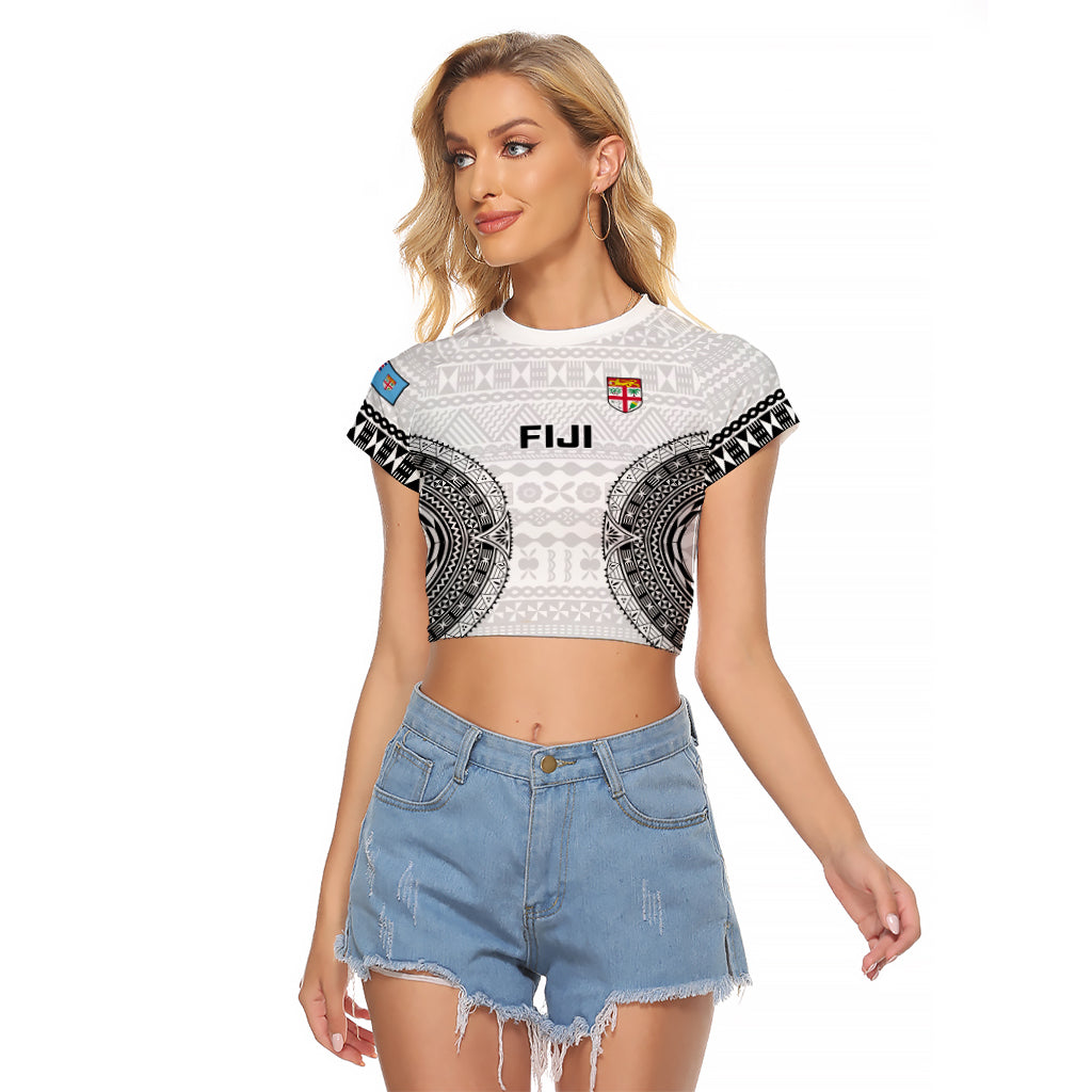 Fiji Rugby Raglan Cropped T Shirt 2023 Go Champions World Cup Fijian Tapa Pattern LT14 Female White - Polynesian Pride