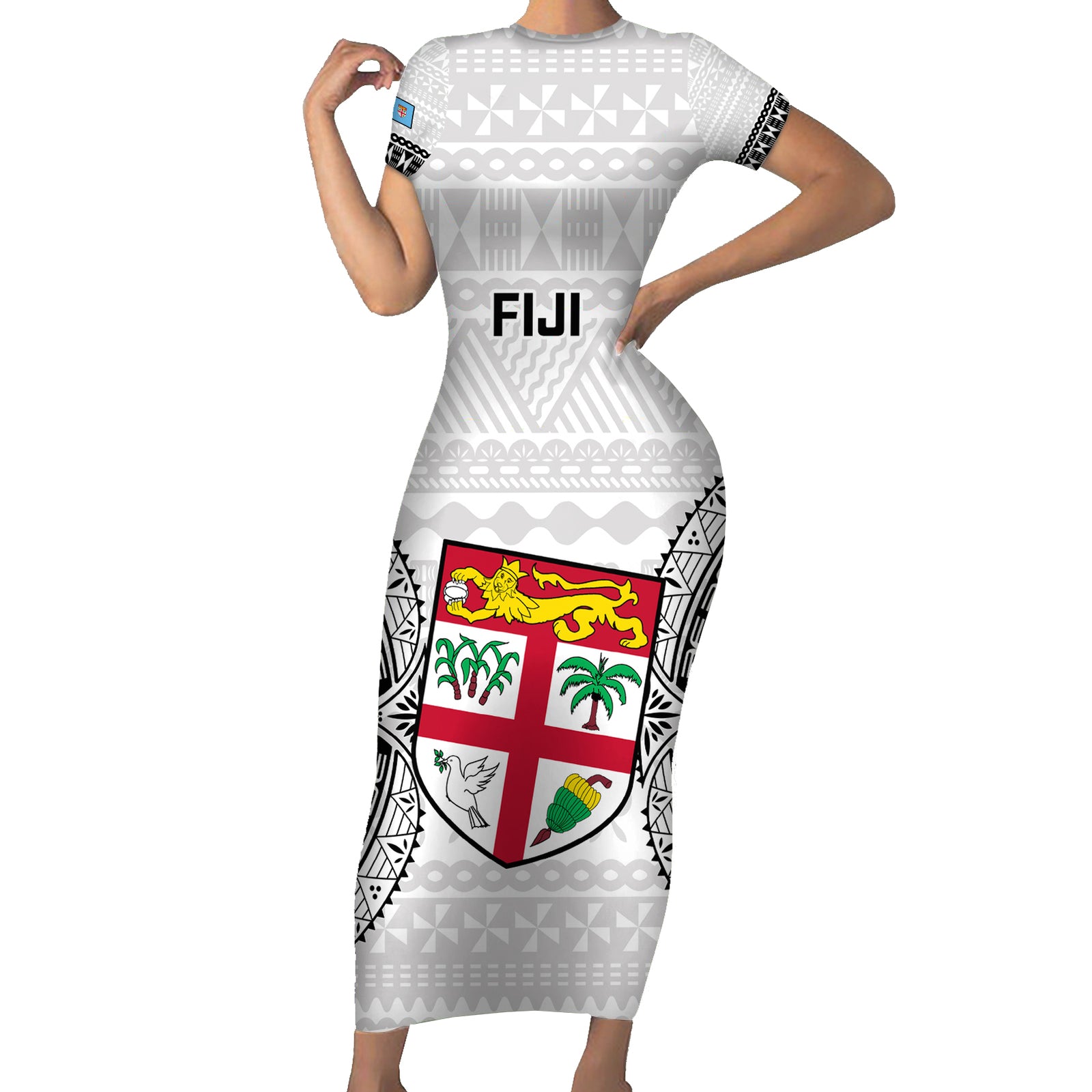 Fiji Rugby Short Sleeve Bodycon Dress 2023 Go Champions World Cup Fijian Tapa Pattern LT14 Long Dress White - Polynesian Pride