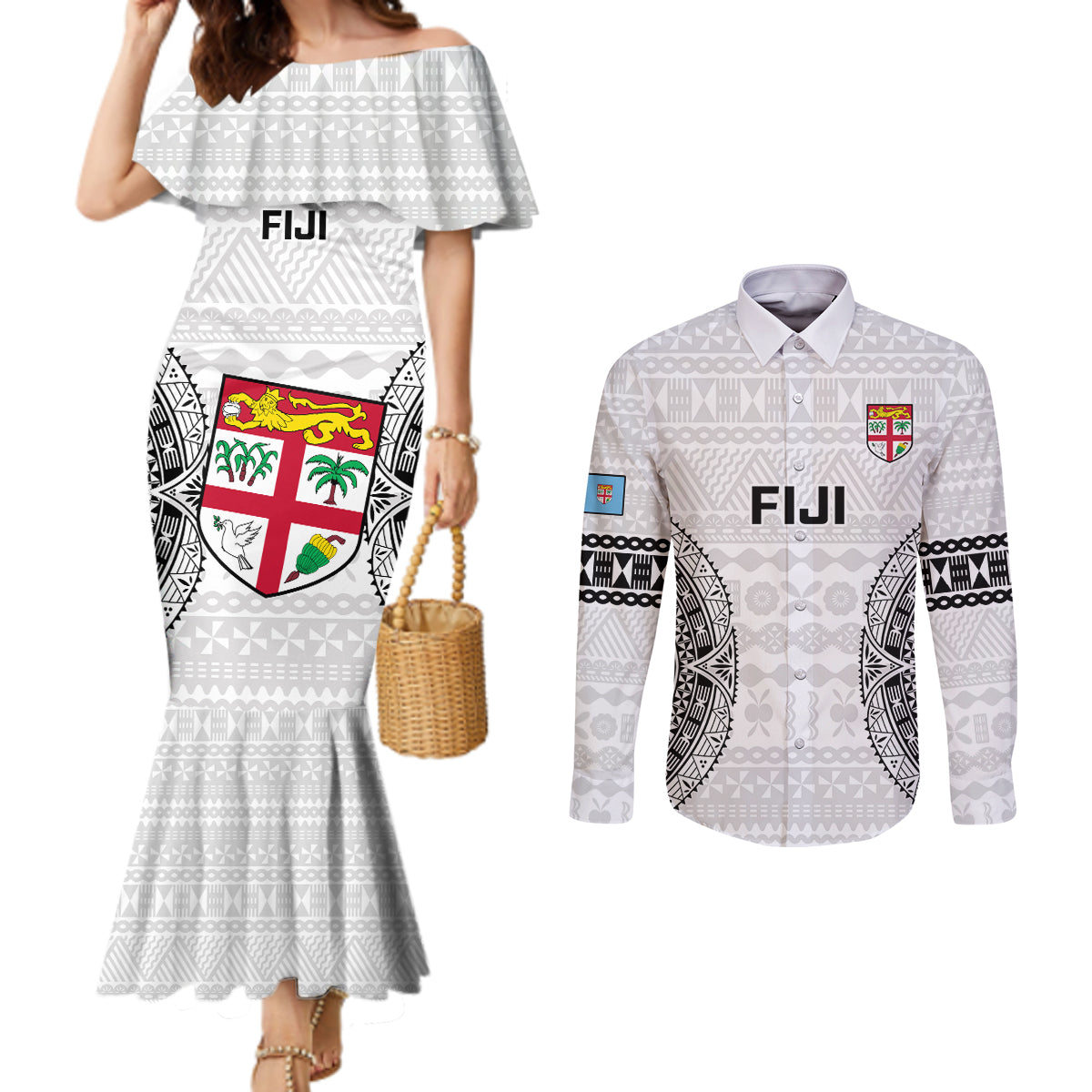 Custom Fiji Rugby Couples Matching Mermaid Dress and Long Sleeve Button Shirts 2023 Go Champions World Cup Fijian Tapa Pattern LT14 White - Polynesian Pride
