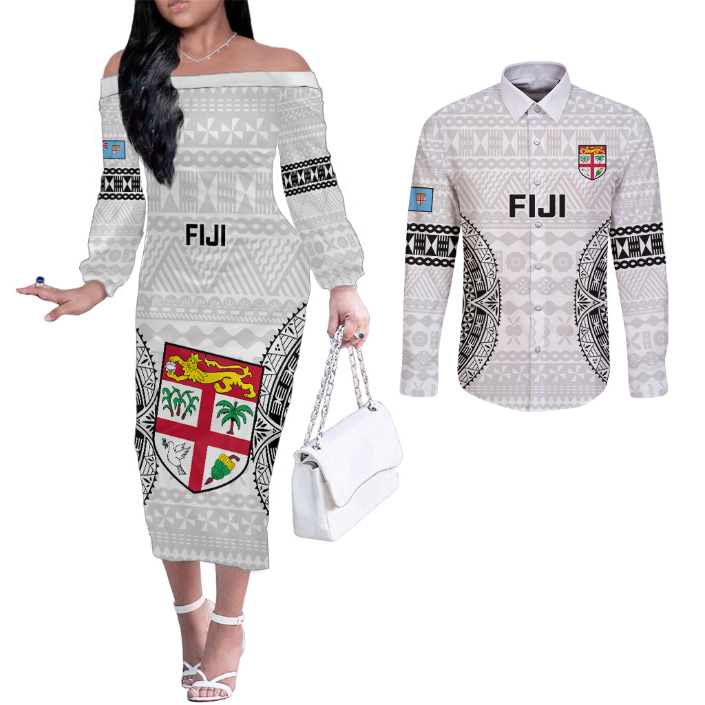 Custom Fiji Rugby Couples Matching Off The Shoulder Long Sleeve Dress and Long Sleeve Button Shirts 2023 Go Champions World Cup Fijian Tapa Pattern LT14 White - Polynesian Pride