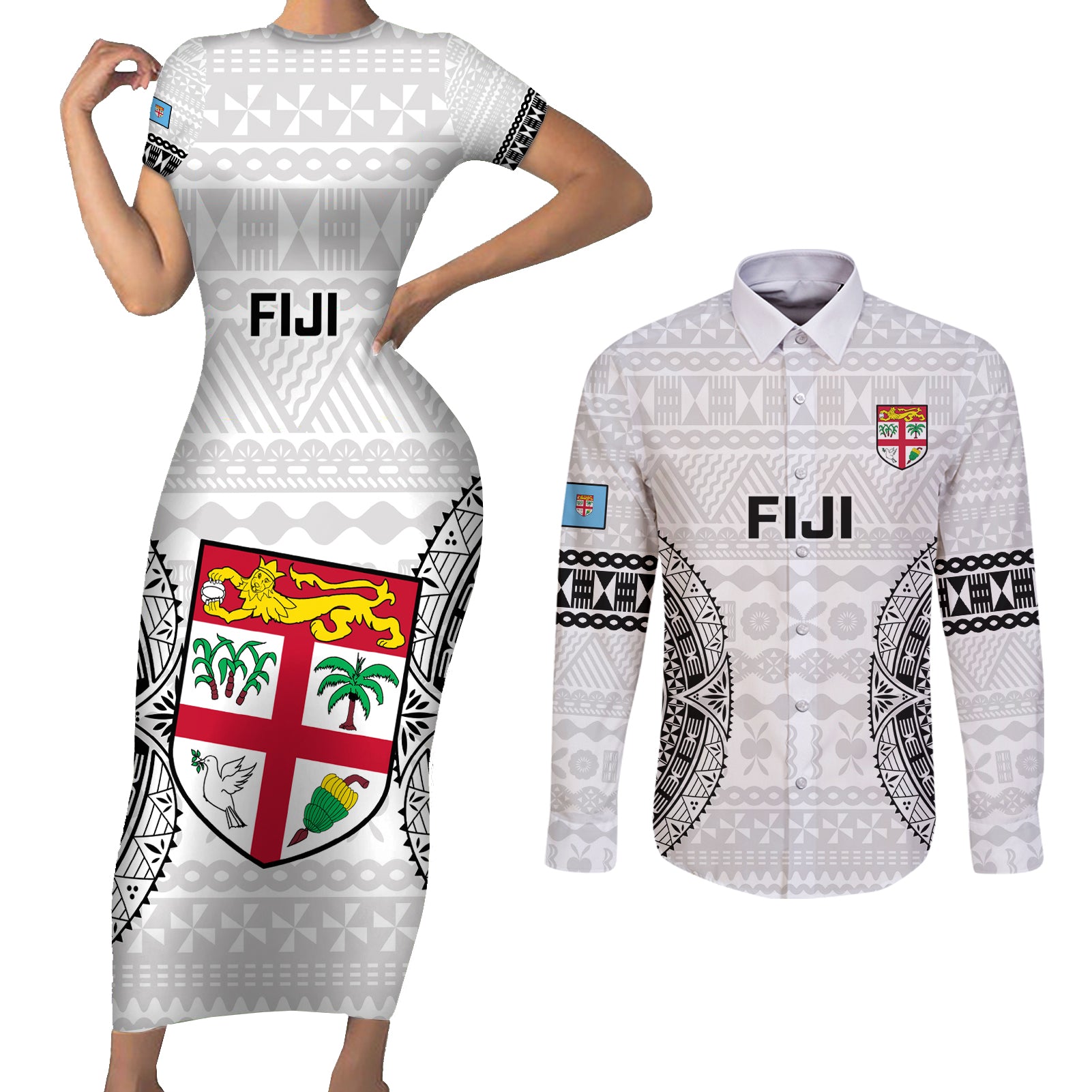 Custom Fiji Rugby Couples Matching Short Sleeve Bodycon Dress and Long Sleeve Button Shirts 2023 Go Champions World Cup Fijian Tapa Pattern LT14 White - Polynesian Pride