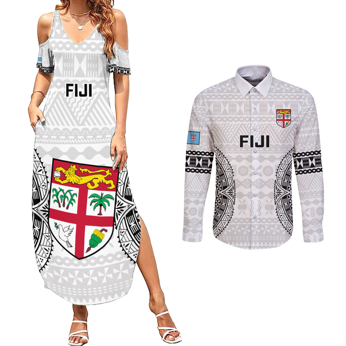 Custom Fiji Rugby Couples Matching Summer Maxi Dress and Long Sleeve Button Shirts 2023 Go Champions World Cup Fijian Tapa Pattern LT14 White - Polynesian Pride