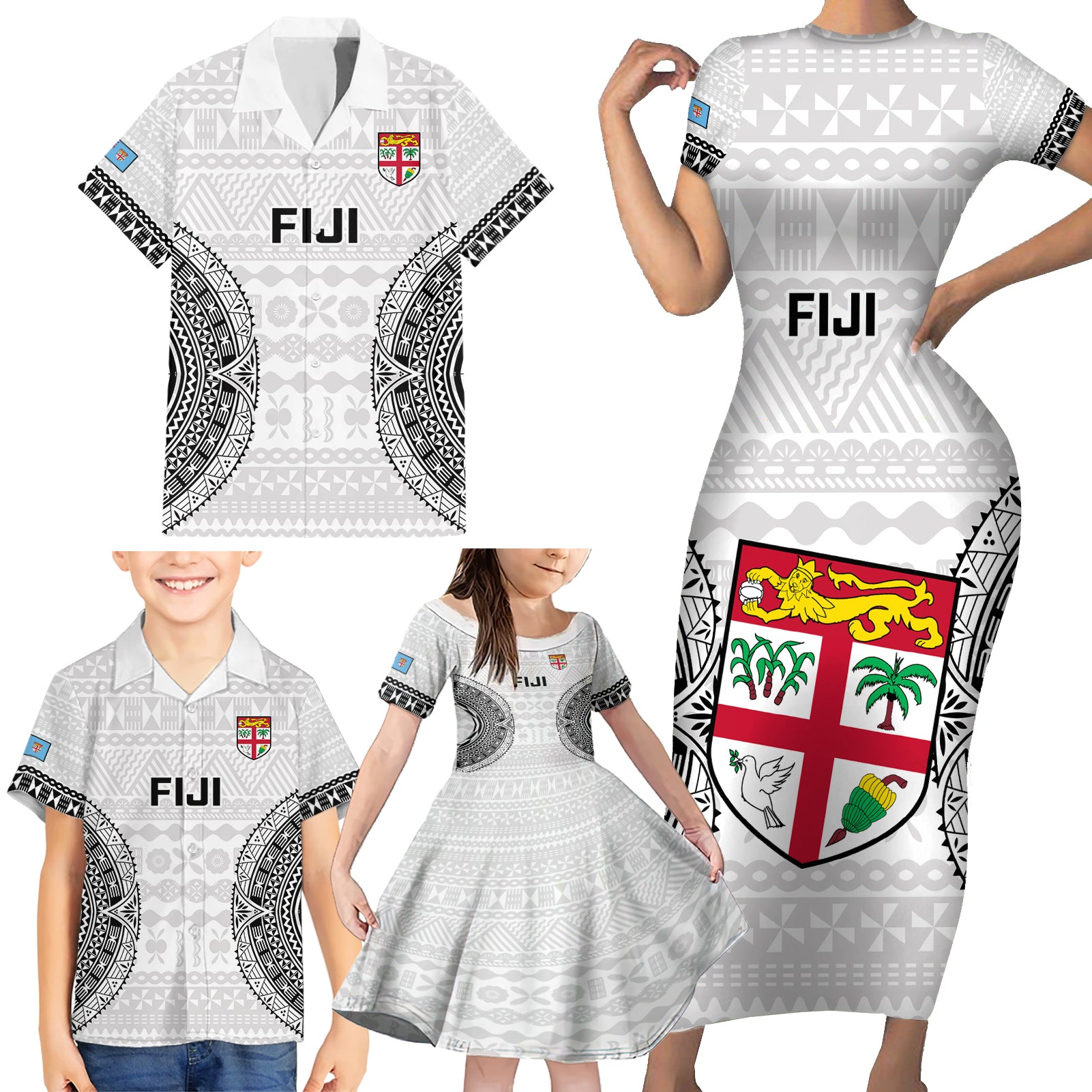 Custom Fiji Rugby Family Matching Short Sleeve Bodycon Dress and Hawaiian Shirt 2023 Go Champions World Cup Fijian Tapa Pattern LT14 - Polynesian Pride