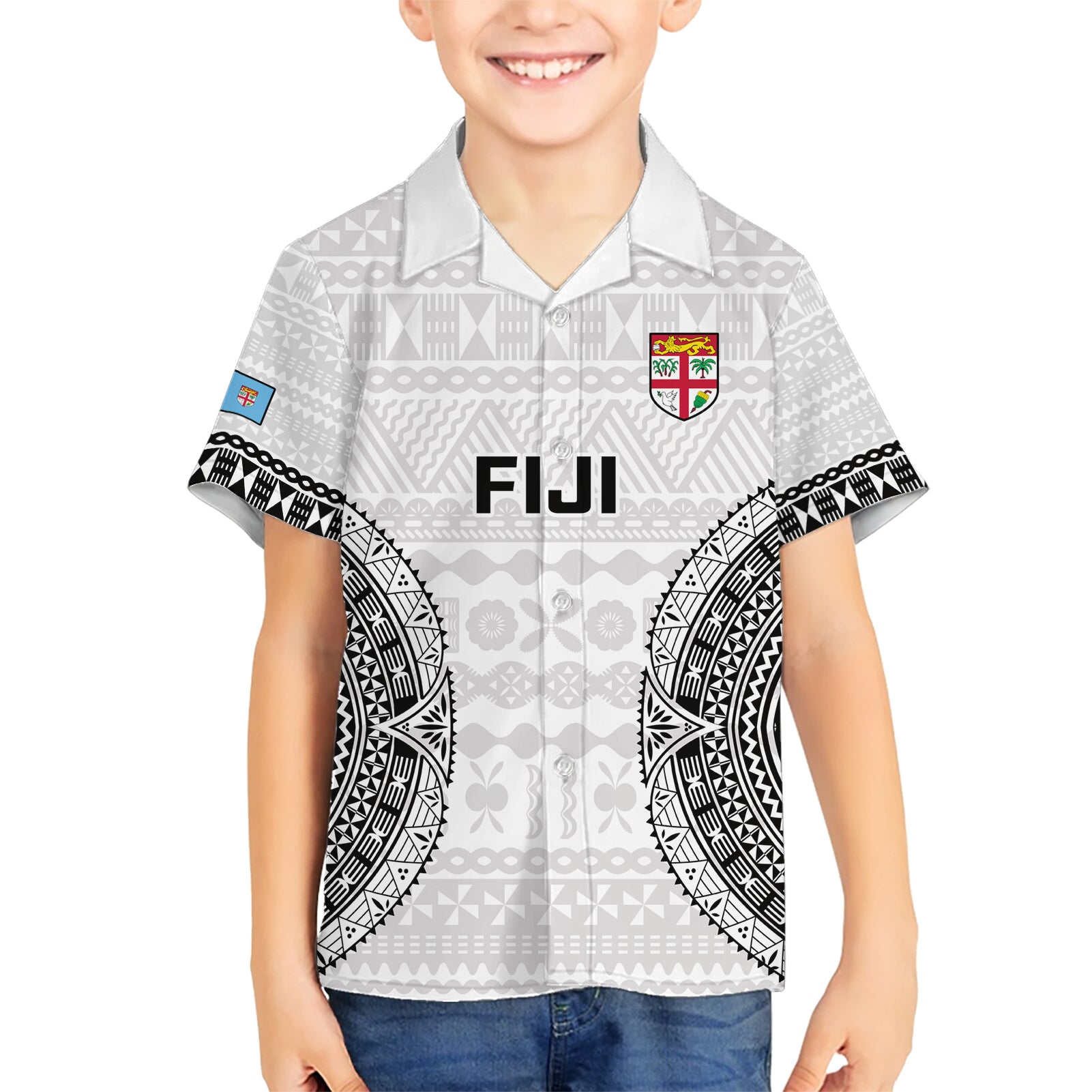 Custom Fiji Rugby Kid Hawaiian Shirt 2023 Go Champions World Cup Fijian Tapa Pattern LT14 Kid White - Polynesian Pride