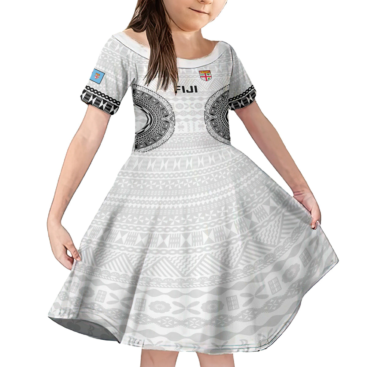 Custom Fiji Rugby Kid Short Sleeve Dress 2023 Go Champions World Cup Fijian Tapa Pattern LT14 KID White - Polynesian Pride