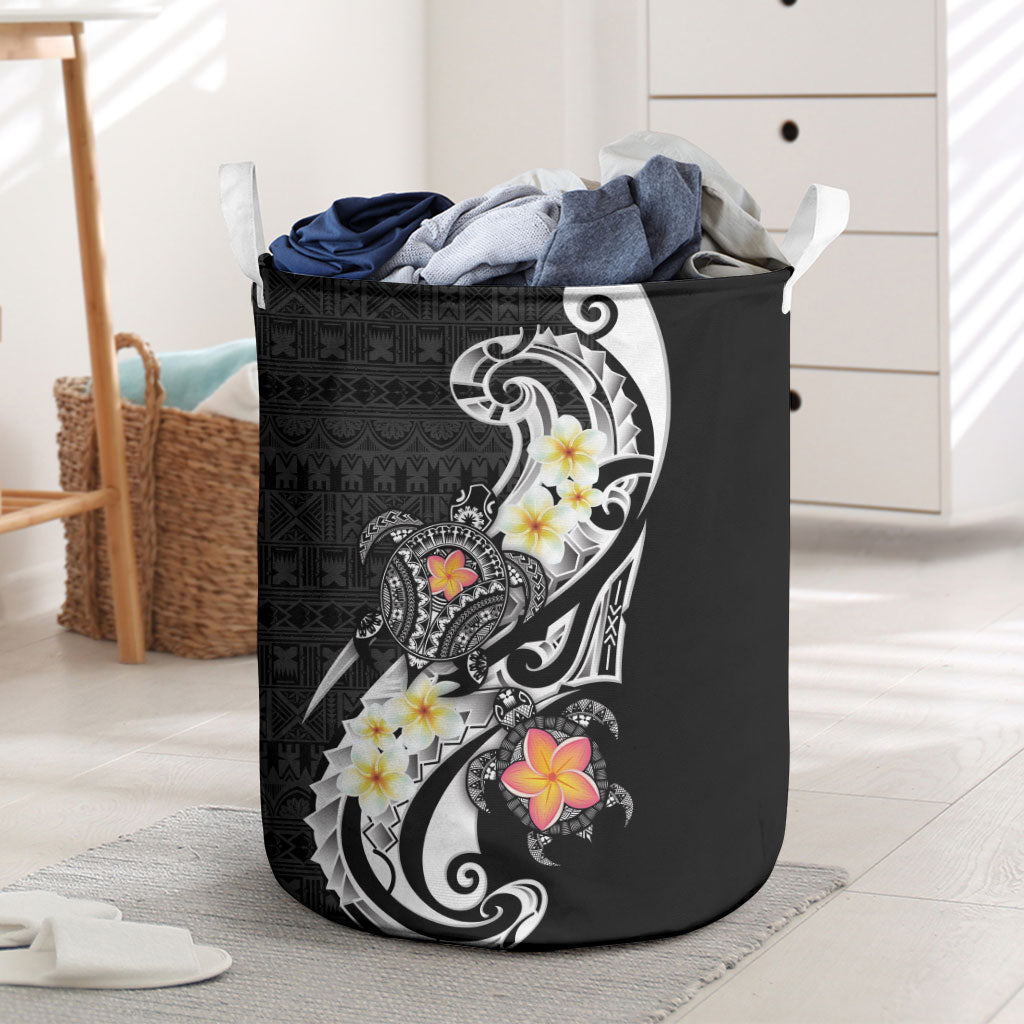 Bula Fiji Tapa Turtle Laundry Basket Plumeria Fijian Masi Vonu Black LT14 Black - Polynesian Pride