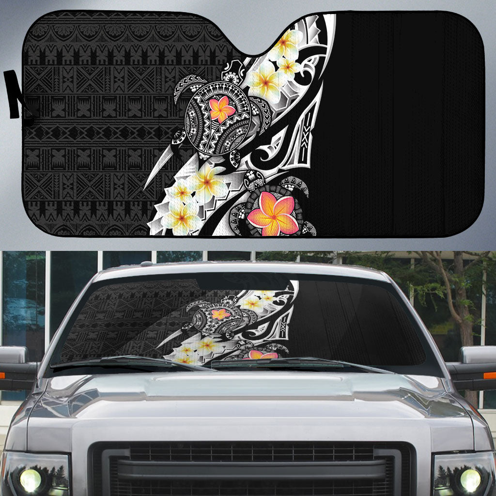 Bula Fiji Tapa Turtle Auto Sun Shade Plumeria Fijian Masi Vonu Black LT14 Black - Polynesian Pride