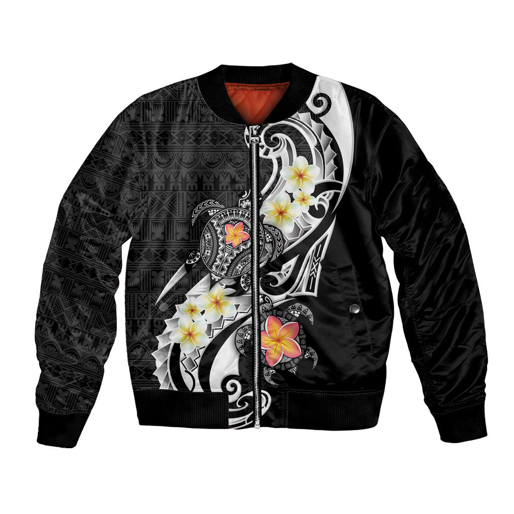 Bula Fiji Tapa Turtle Bomber Jacket Plumeria Fijian Masi Vonu Black LT14 Unisex Black - Polynesian Pride