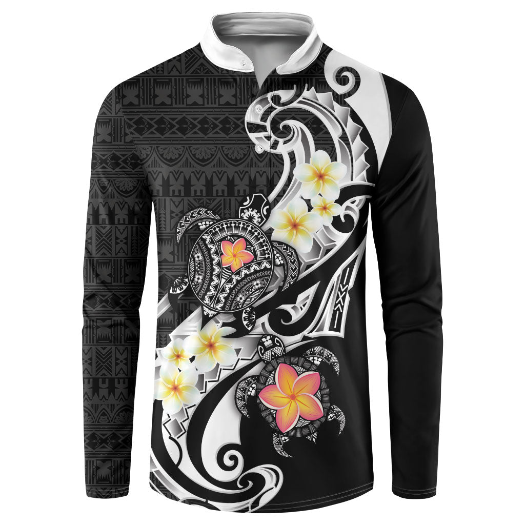 Bula Fiji Tapa Turtle Button Sweatshirt Plumeria Fijian Masi Vonu Black LT14 Black - Polynesian Pride