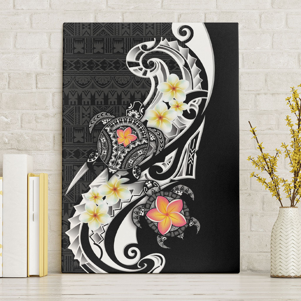 Bula Fiji Tapa Turtle Canvas Wall Art Plumeria Fijian Masi Vonu Black