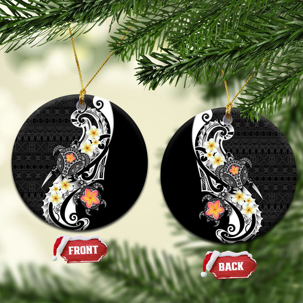 Bula Fiji Tapa Turtle Ceramic Ornament Plumeria Fijian Masi Vonu Black LT14 Circle Black - Polynesian Pride