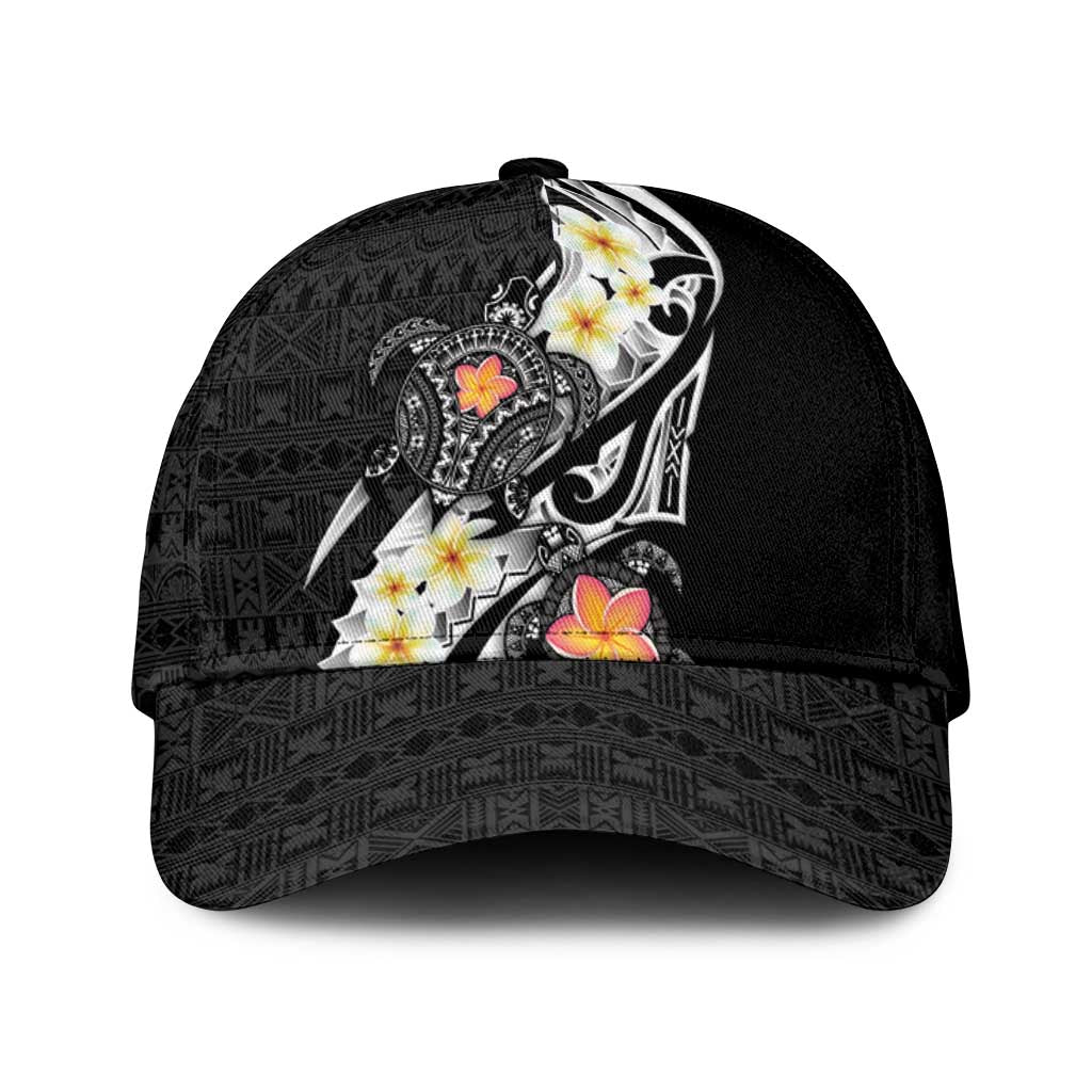 Bula Fiji Tapa Turtle Classic Cap Plumeria Fijian Masi Vonu Black LT14 Universal Fit Black - Polynesian Pride