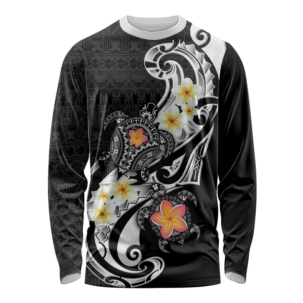 Bula Fiji Tapa Turtle Long Sleeve Shirt Plumeria Fijian Masi Vonu Black
