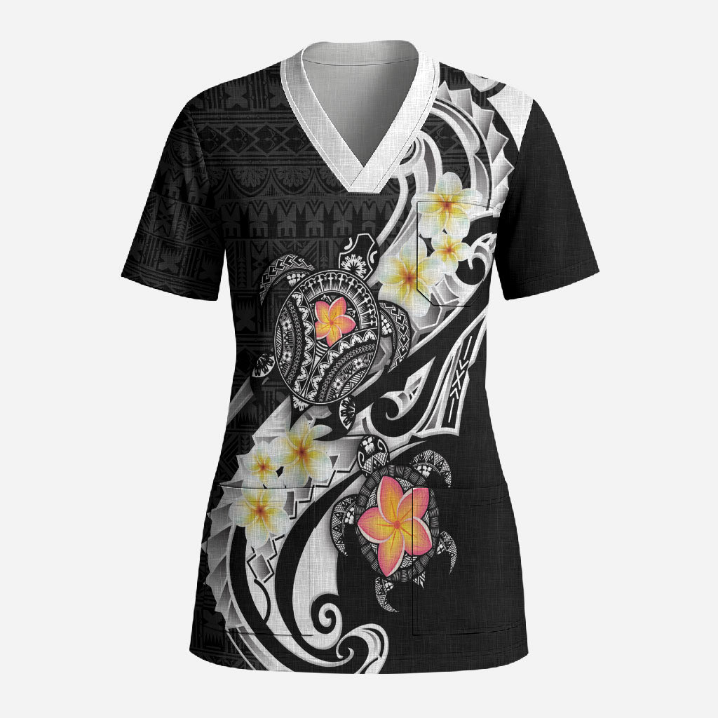 Bula Fiji Tapa Turtle Scrub Top Plumeria Fijian Masi Vonu Black