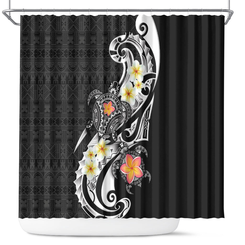 Bula Fiji Tapa Turtle Shower Curtain Plumeria Fijian Masi Vonu Black LT14 Black - Polynesian Pride