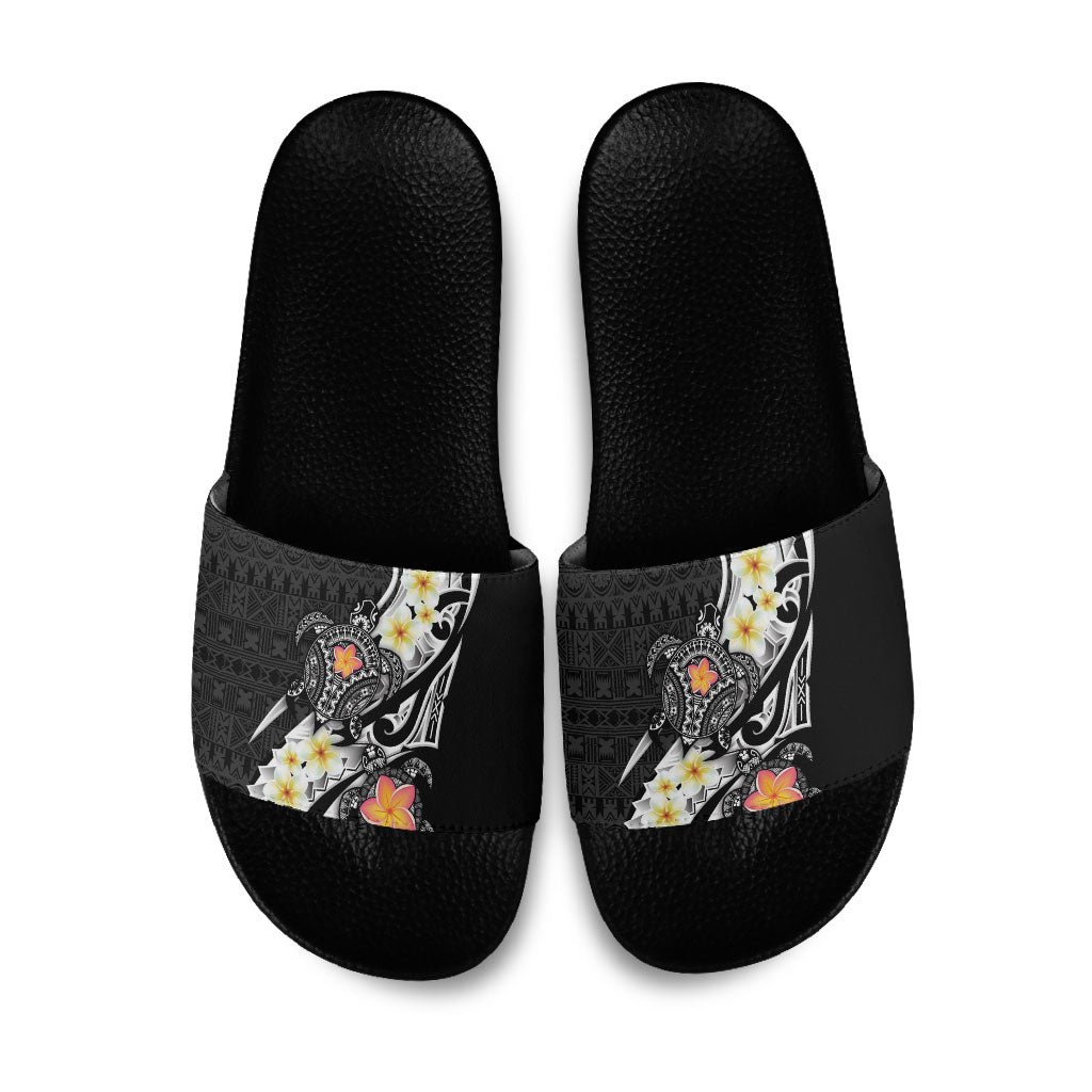 Bula Fiji Tapa Turtle Slide Sandals Plumeria Fijian Masi Vonu Black