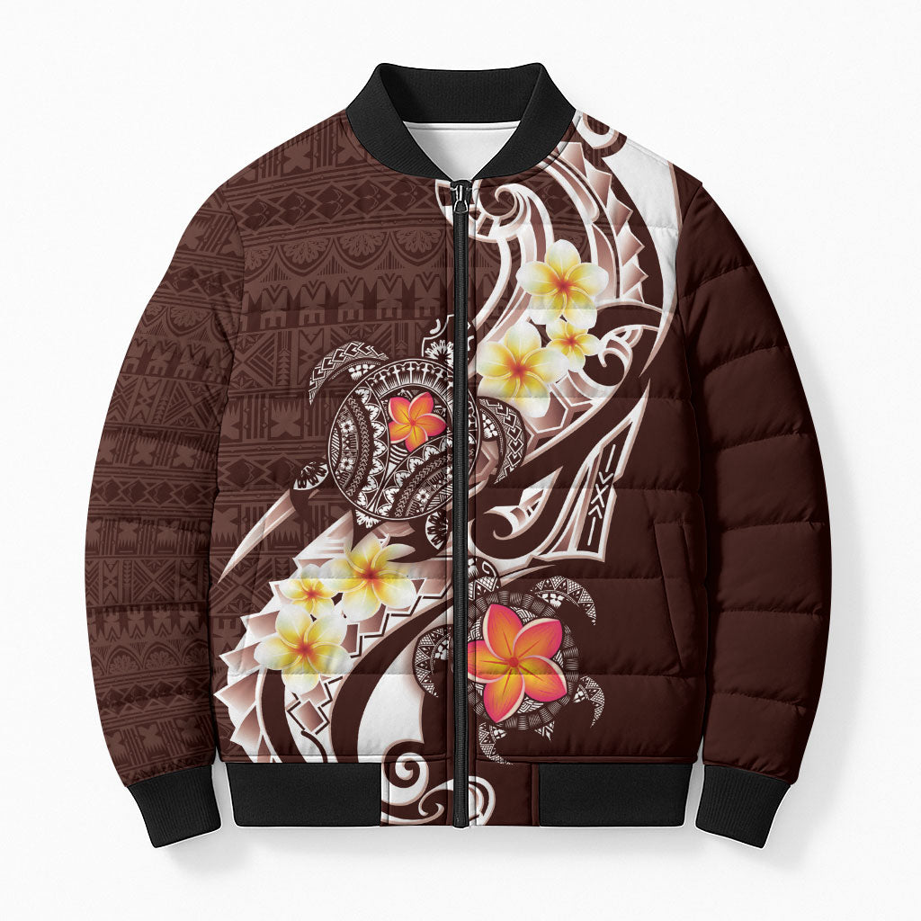 Bula Fiji Tapa Turtle Bomber Puffer Jacket Plumeria Fijian Masi Vonu Brown LT14 Unisex Brown - Polynesian Pride