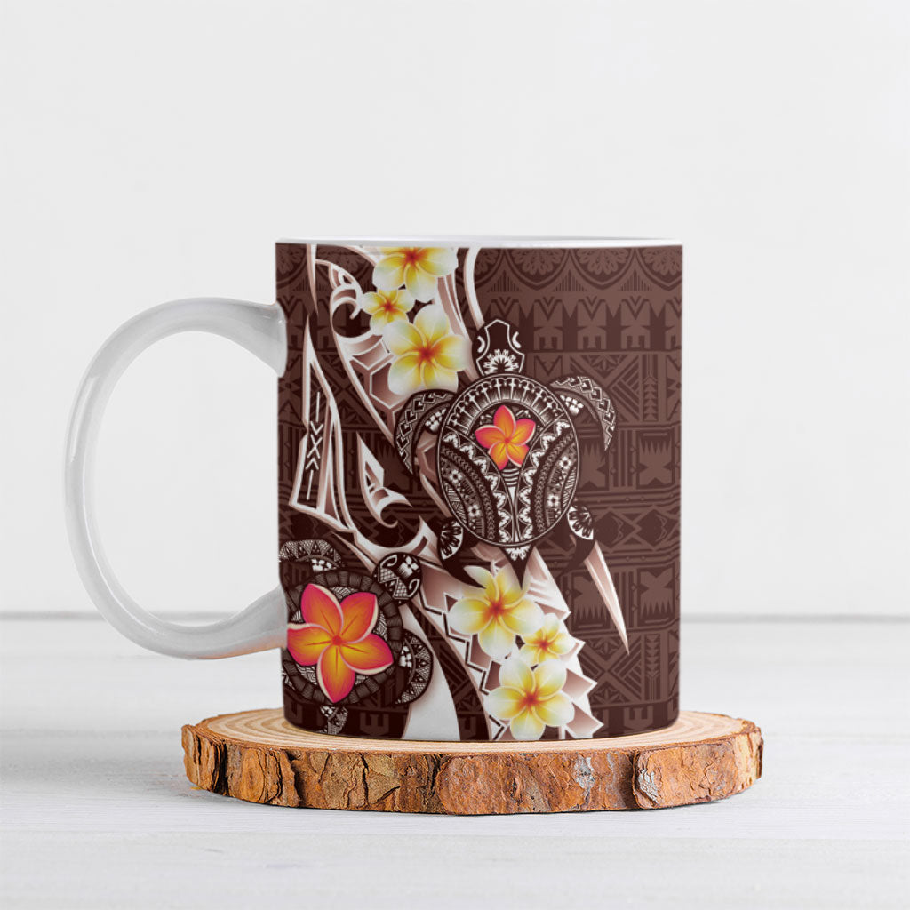 Bula Fiji Tapa Turtle Ceramic Mug Plumeria Fijian Masi Vonu Brown LT14 Brown - Polynesian Pride