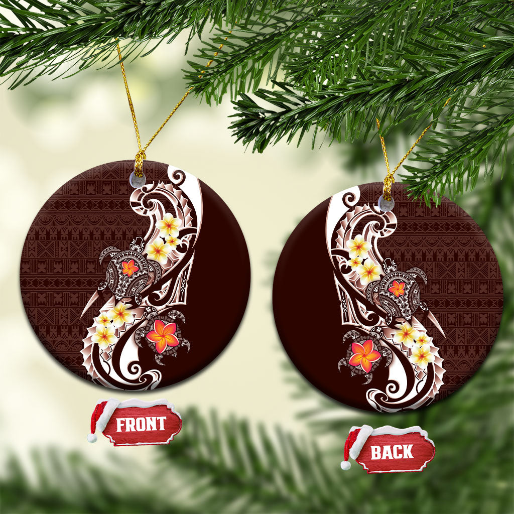 Bula Fiji Tapa Turtle Ceramic Ornament Plumeria Fijian Masi Vonu Brown LT14 Circle Brown - Polynesian Pride