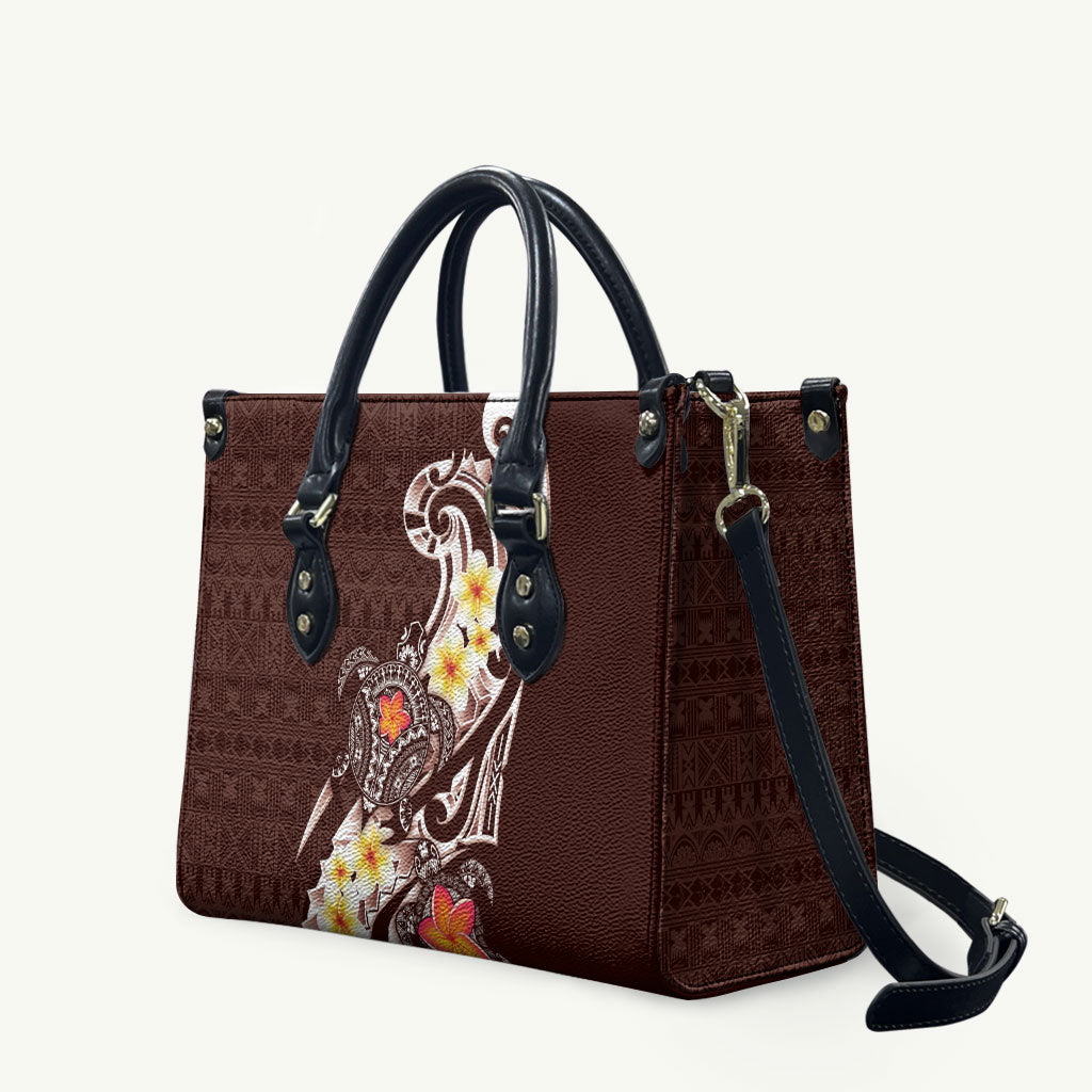 Bula Fiji Tapa Turtle Leather Bag Plumeria Fijian Masi Vonu Brown LT14 Brown - Polynesian Pride