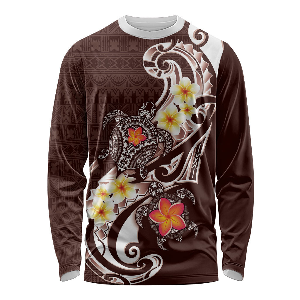 Bula Fiji Tapa Turtle Long Sleeve Shirt Plumeria Fijian Masi Vonu Brown