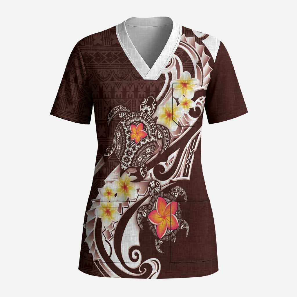 Bula Fiji Tapa Turtle Scrub Top Plumeria Fijian Masi Vonu Brown