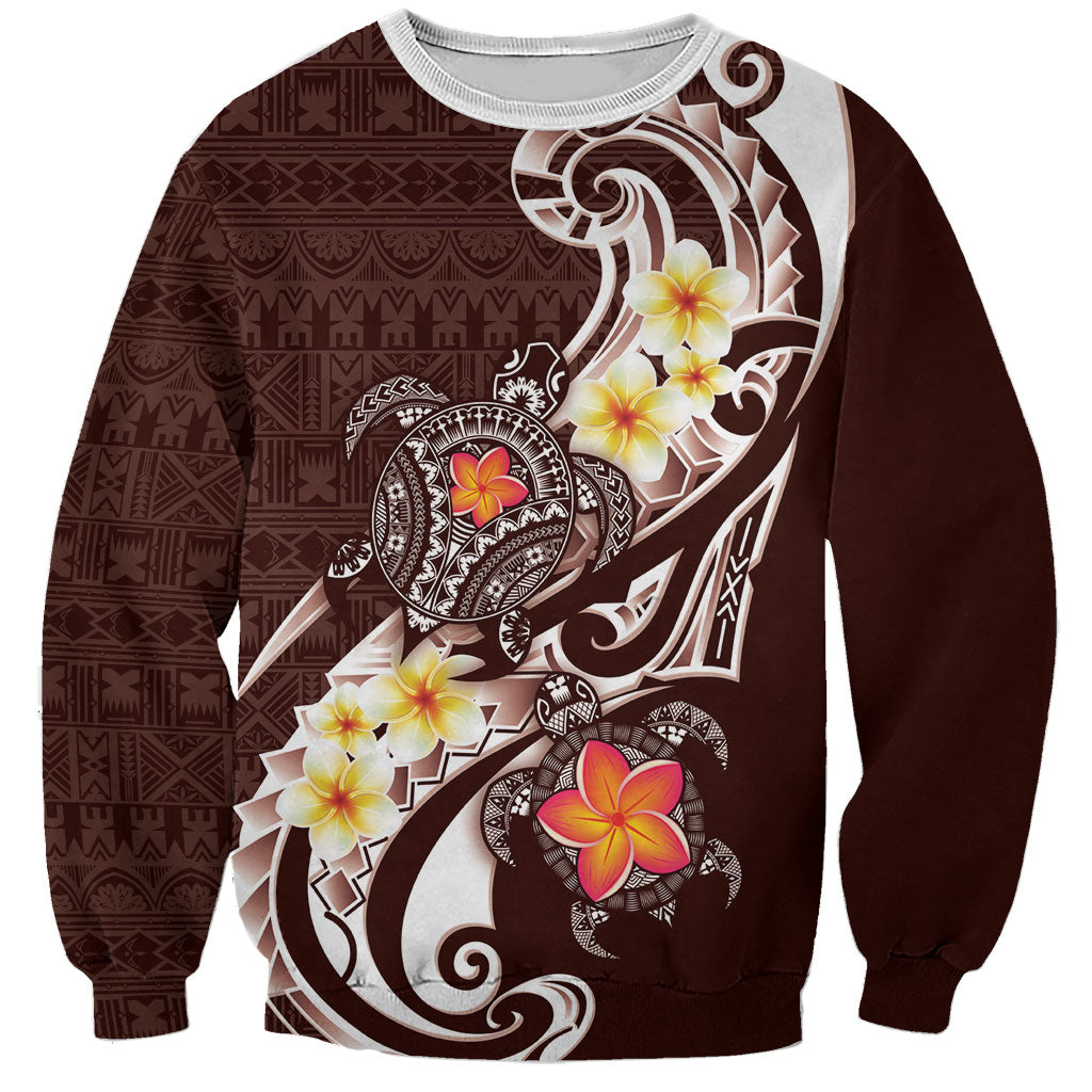 Bula Fiji Tapa Turtle Sweatshirt Plumeria Fijian Masi Vonu Brown LT14 Unisex Brown - Polynesian Pride