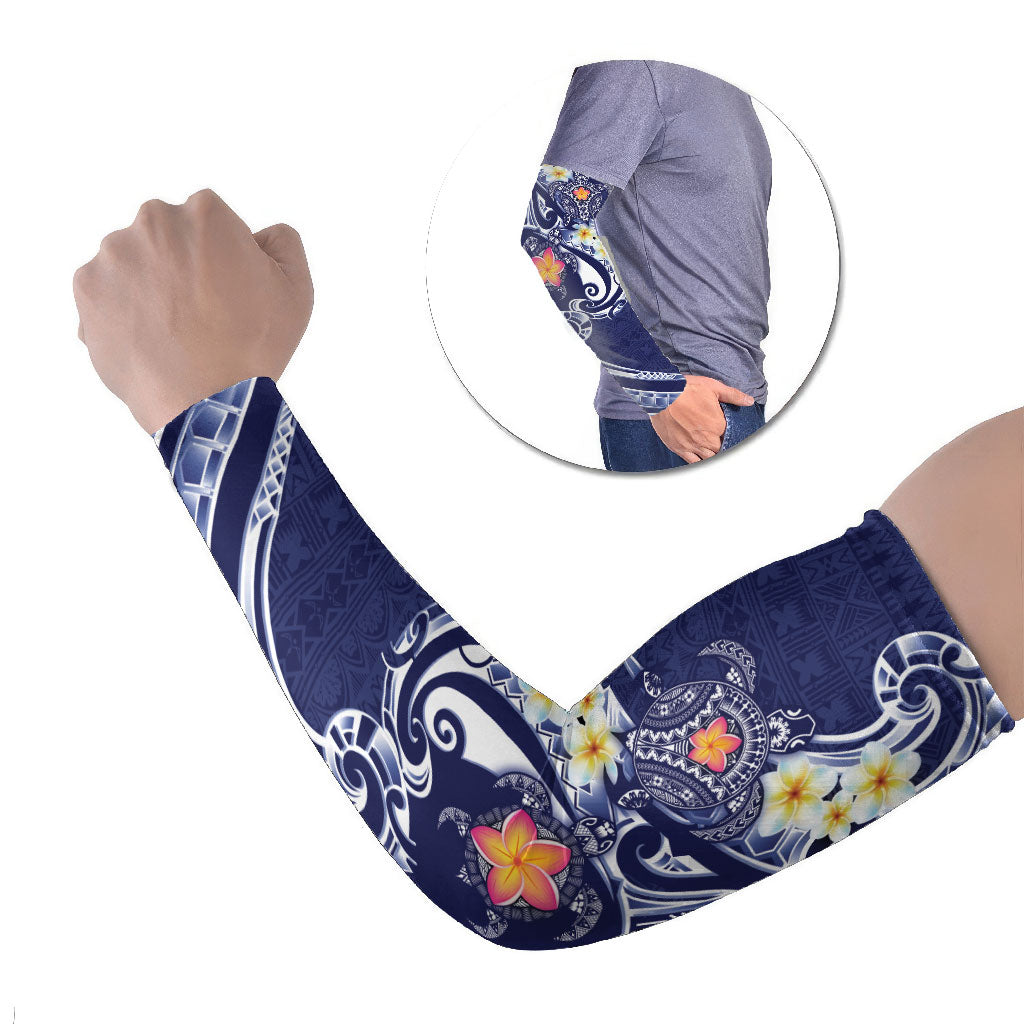 Bula Fiji Tapa Turtle Arm Sleeves Plumeria Fijian Masi Vonu Midnight Blue LT14 Set of 2 Midnight Blue - Polynesian Pride
