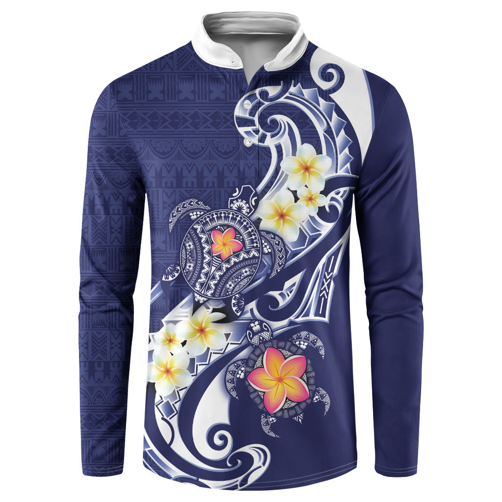 Bula Fiji Tapa Turtle Button Sweatshirt Plumeria Fijian Masi Vonu Midnight Blue LT14 Midnight Blue - Polynesian Pride