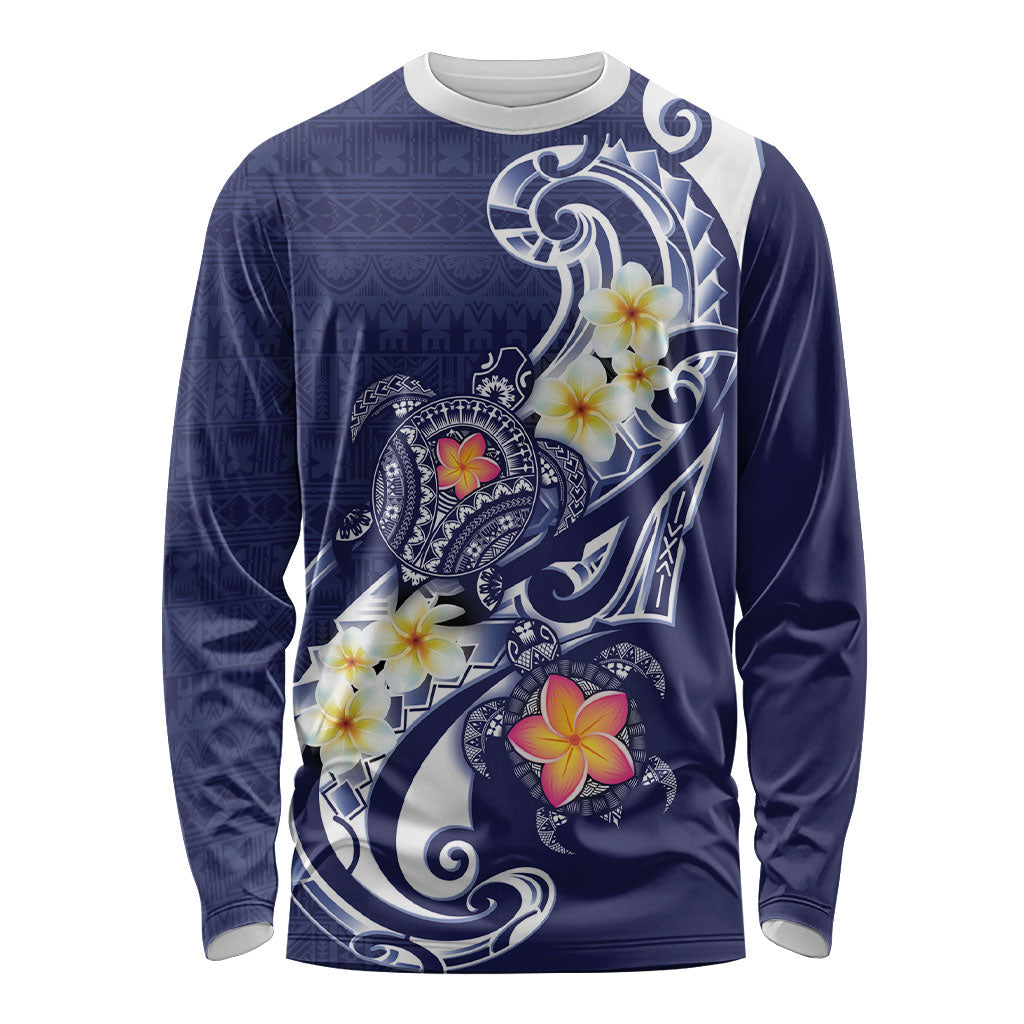Bula Fiji Tapa Turtle Long Sleeve Shirt Plumeria Fijian Masi Vonu Midnight Blue