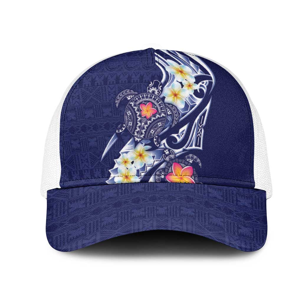 Bula Fiji Tapa Turtle Mesh Trucker Cap Plumeria Fijian Masi Vonu Midnight Blue LT14 One Size White Midnight Blue - Polynesian Pride