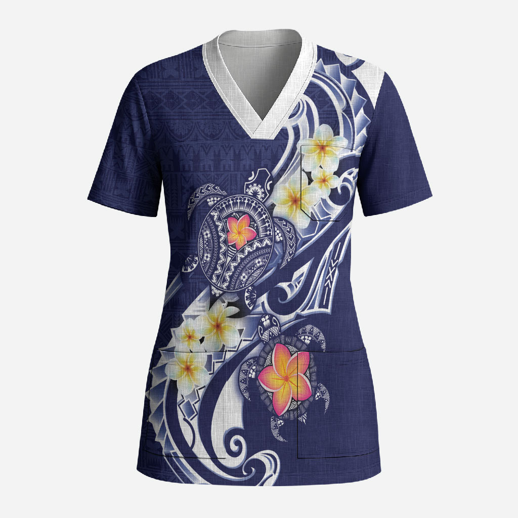 Bula Fiji Tapa Turtle Scrub Top Plumeria Fijian Masi Vonu Midnight Blue