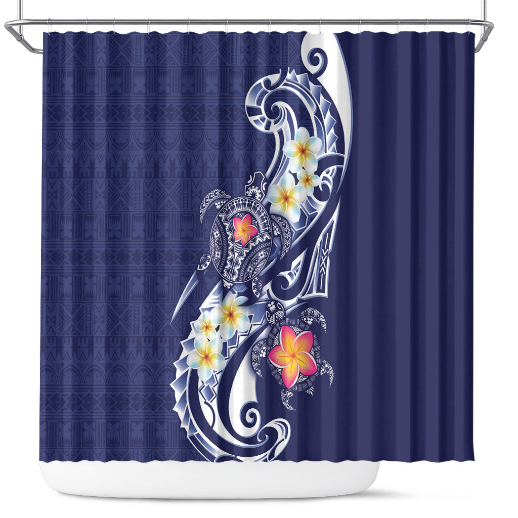 Bula Fiji Tapa Turtle Shower Curtain Plumeria Fijian Masi Vonu Midnight Blue LT14 Midnight Blue - Polynesian Pride