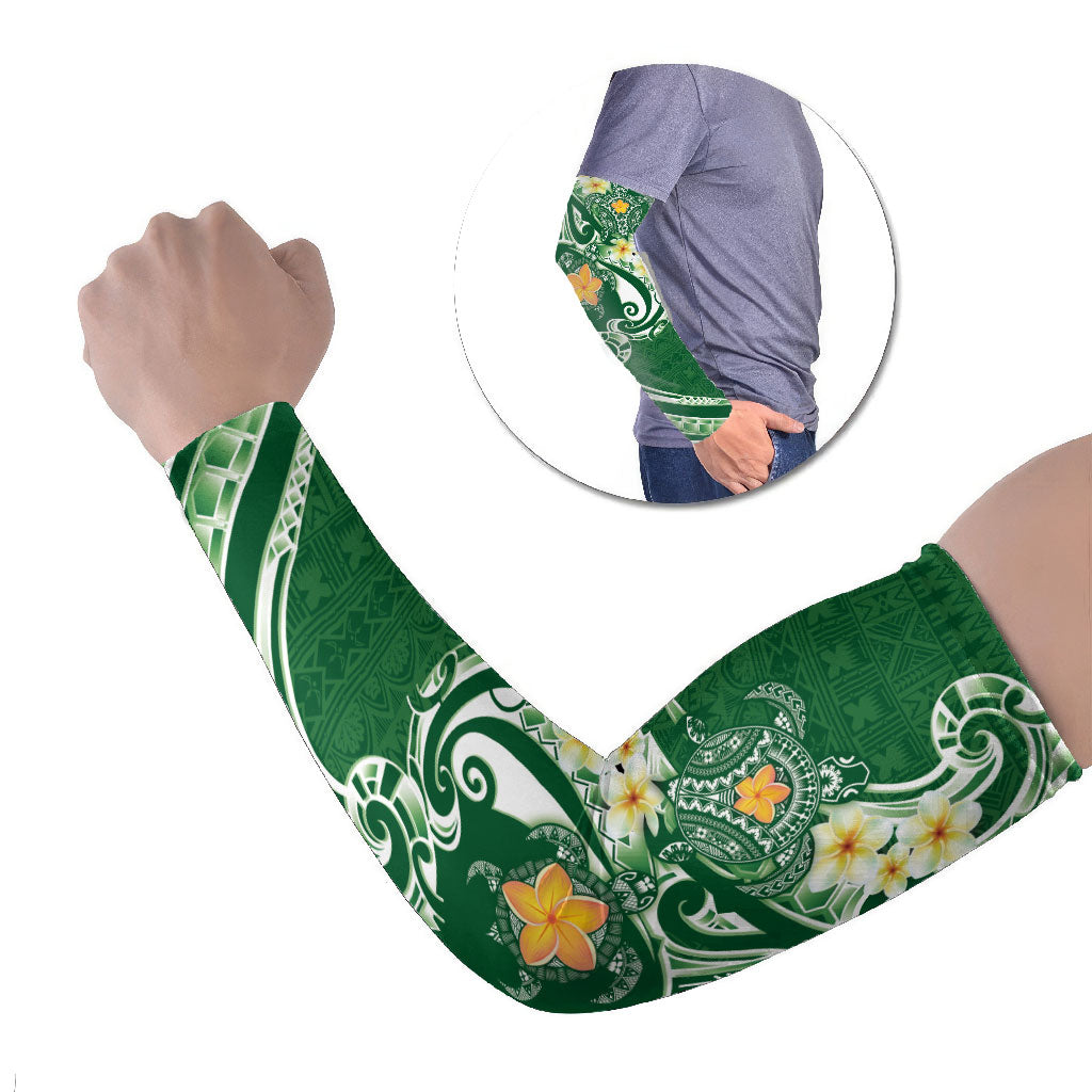 Bula Fiji Tapa Turtle Arm Sleeves Plumeria Fijian Masi Vonu Green LT14 Set of 2 Green - Polynesian Pride