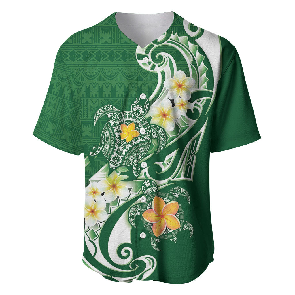 Bula Fiji Tapa Turtle Baseball Jersey Plumeria Fijian Masi Vonu Green