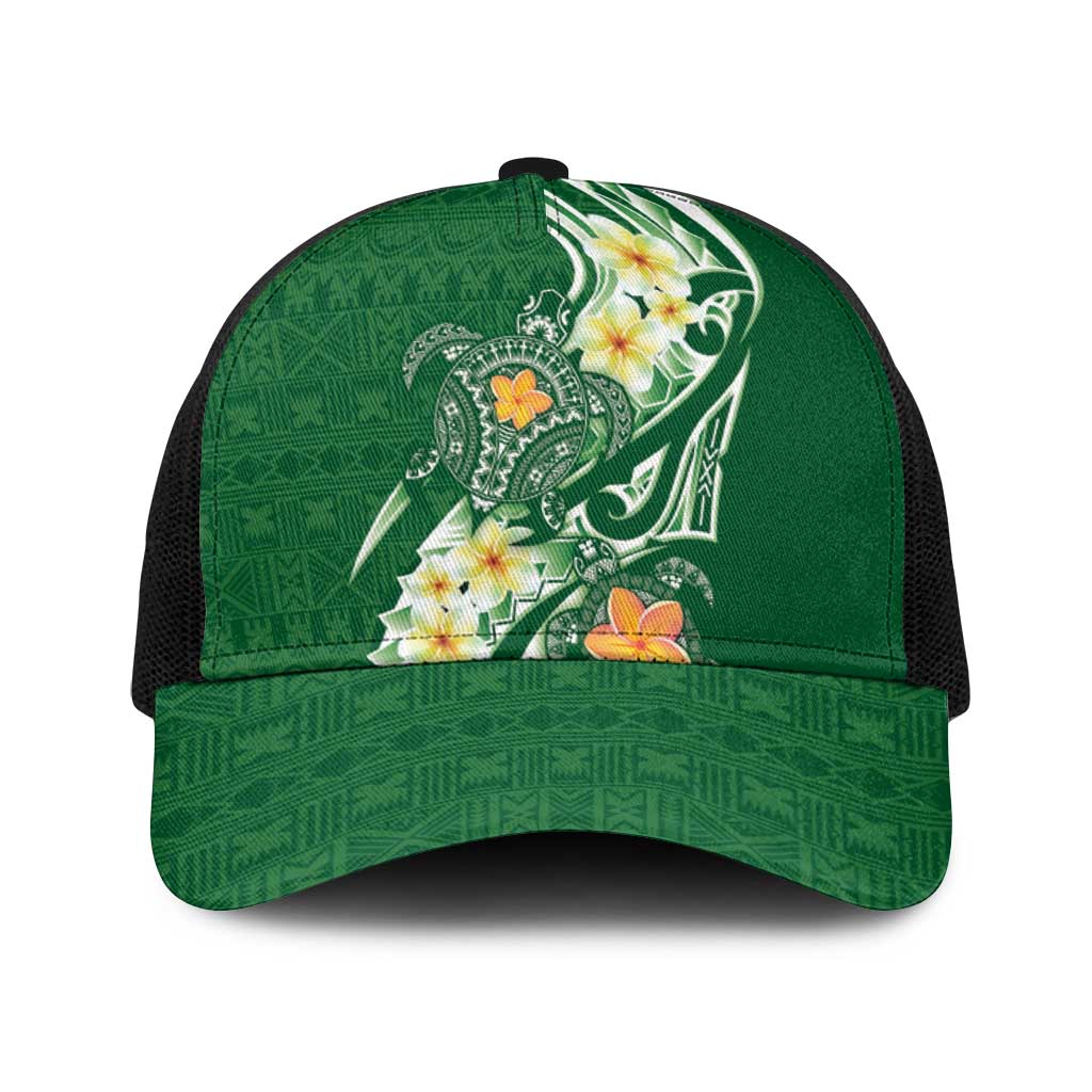 Bula Fiji Tapa Turtle Baseball Net Cap Plumeria Fijian Masi Vonu Green LT14 One Size Black Green - Polynesian Pride